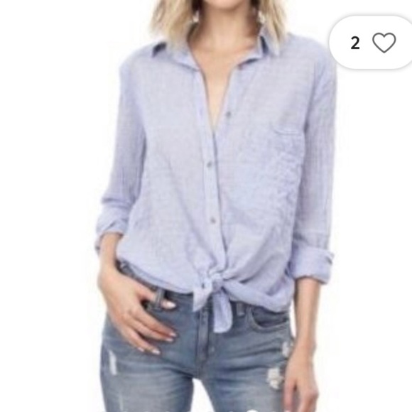 Free People blue white stripe button down split back cotton long sleeve shirt - Picture 1 of 16